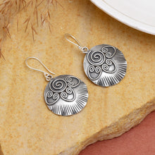 Oxidised Spiral Disc Dangling Earrings